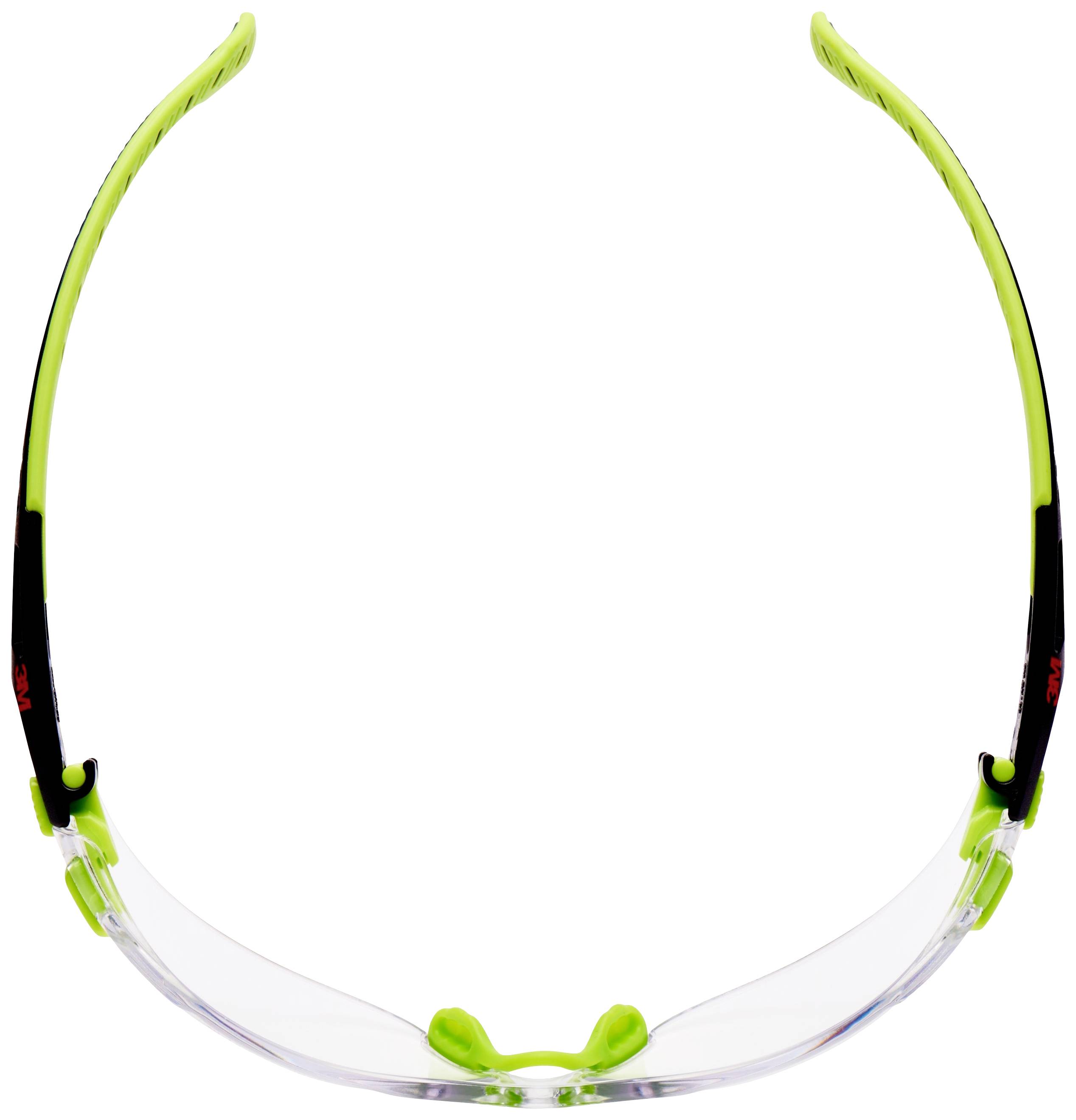 A transparent safety spectacle with a green frame, designed for eye protection during craftwork or industrial tasks.