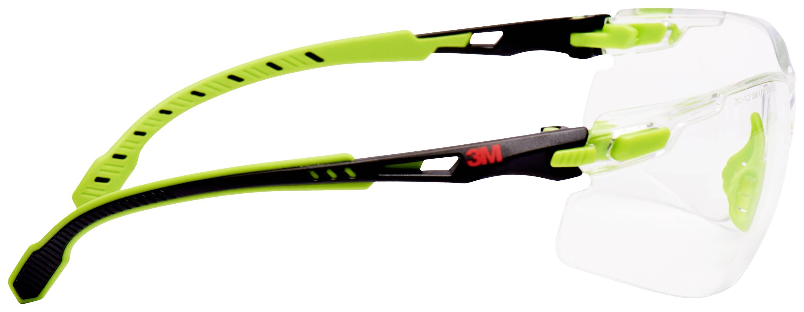 Safety glasses with clear lenses and adjustable green arms. Brand name with red logo on black bridge.
