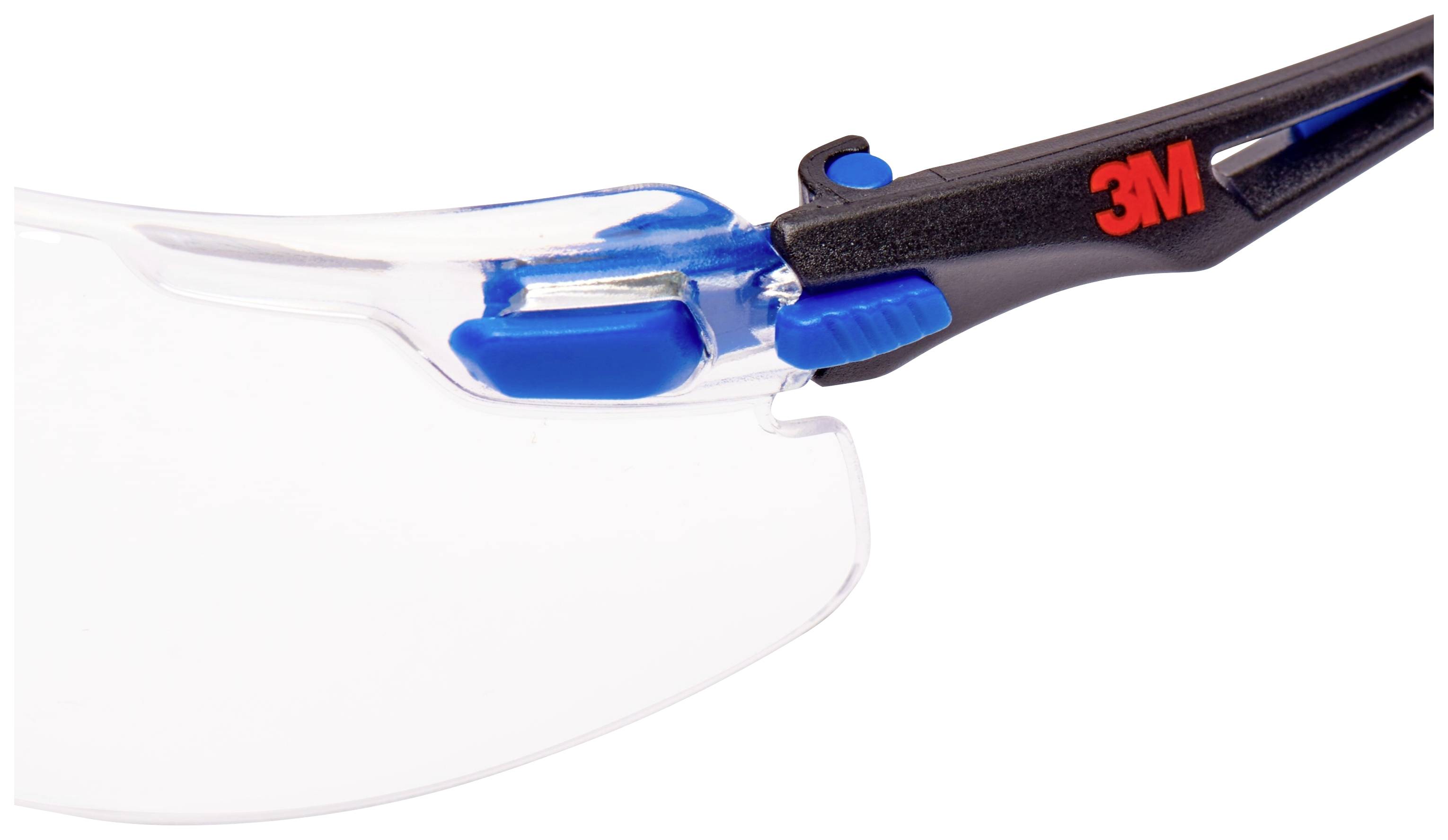 Safety glasses with clear lenses and black frames, 3M logo in red, blue accents on the arms. Ideal for eye protection during work.