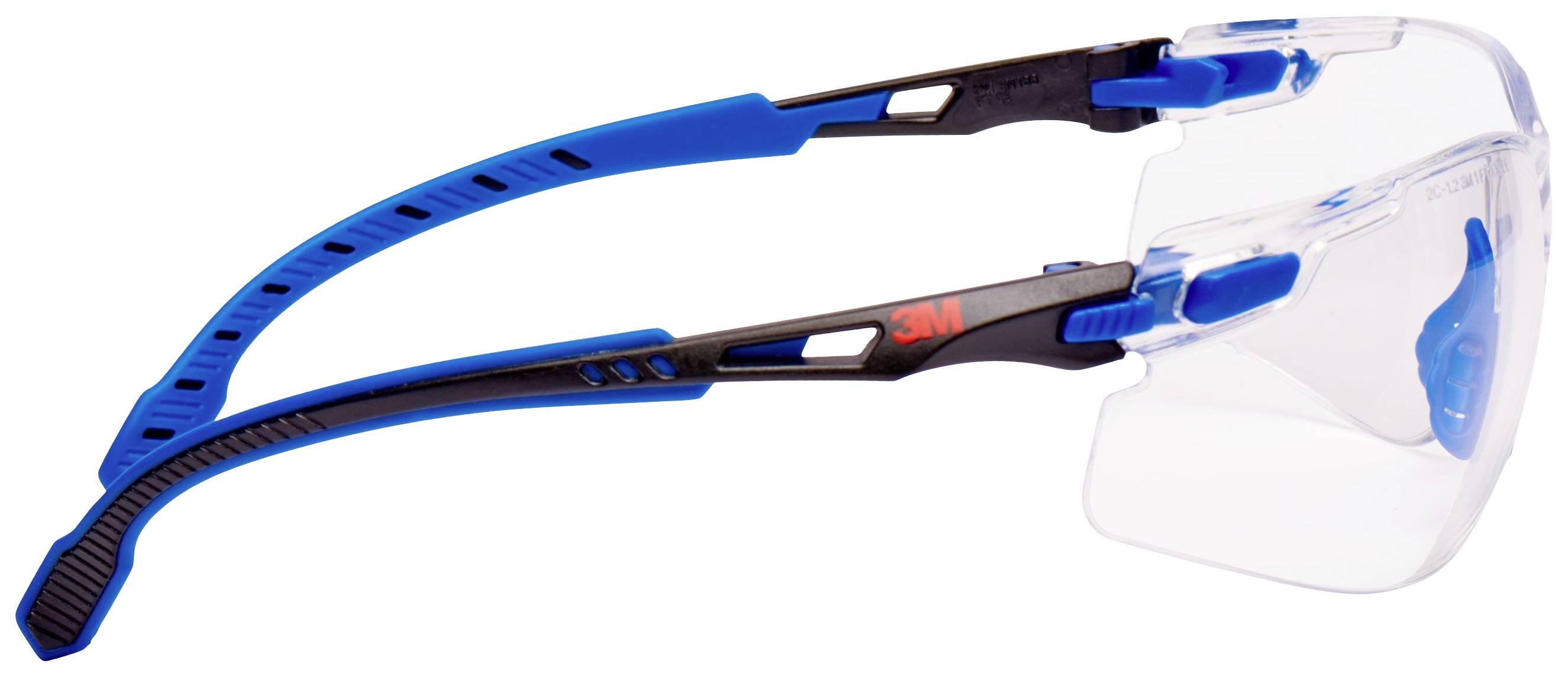 A pair of safety glasses with clear lenses and blue arms, used for protection during work.