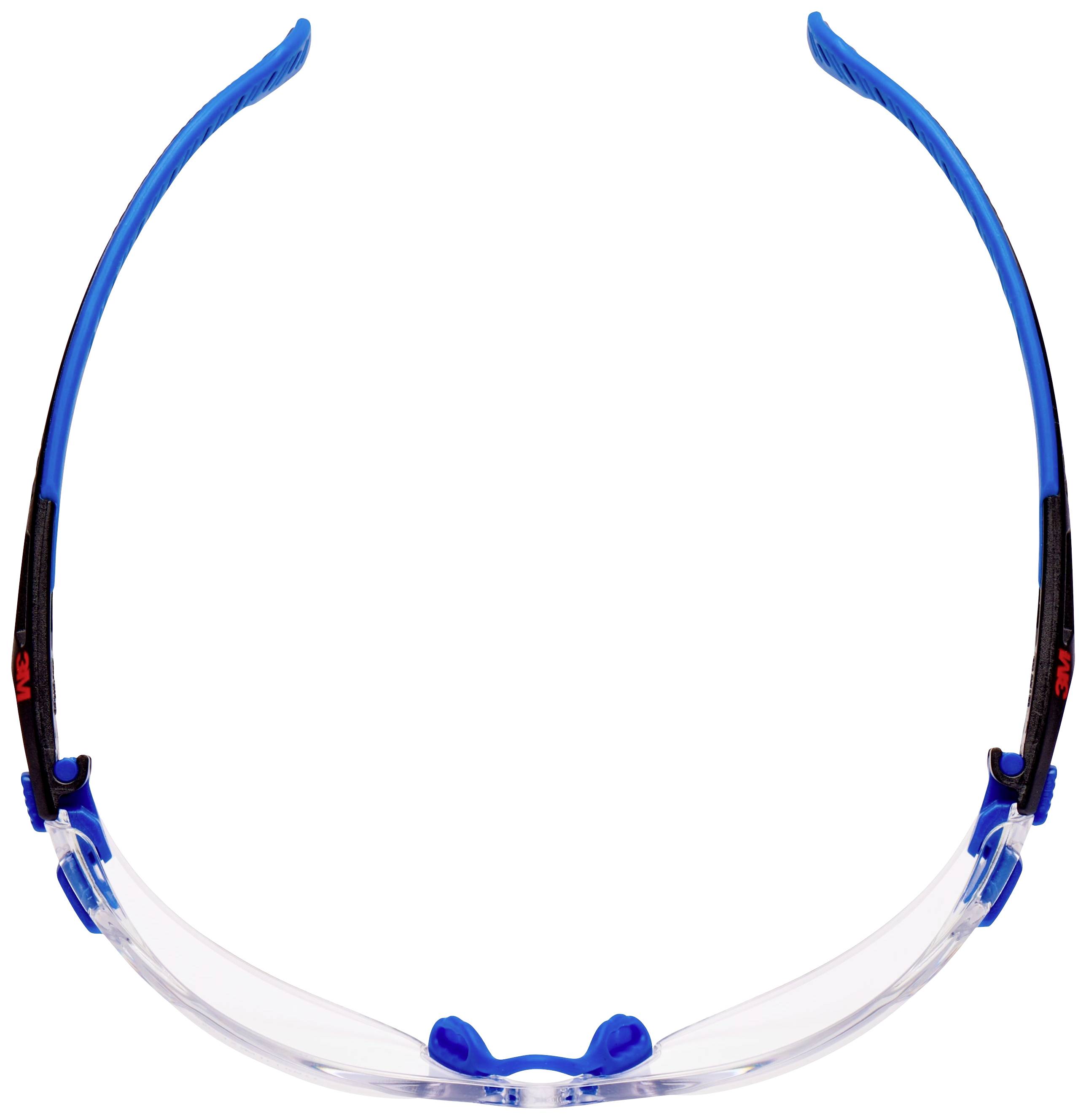 Safety glasses with a blue temple and clear lens, suitable for safety purposes.