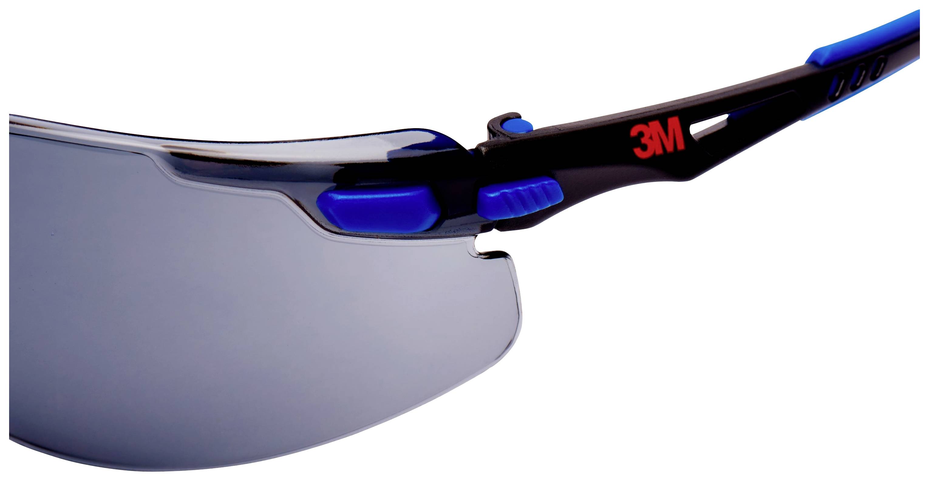 A black safety glasses with blue accents and the brand's red logo. The glasses have tinted lenses.