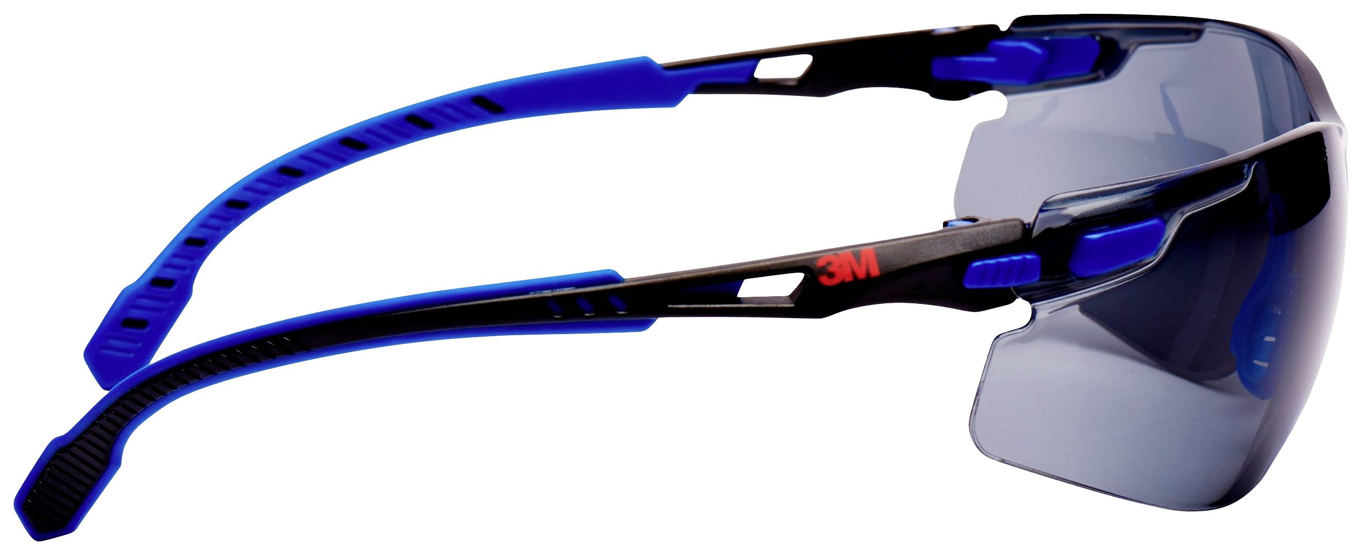 A black safety spectacles with blue arms and tinted lenses, with the red '3M' logo on the side. Safety glasses for eye protection.