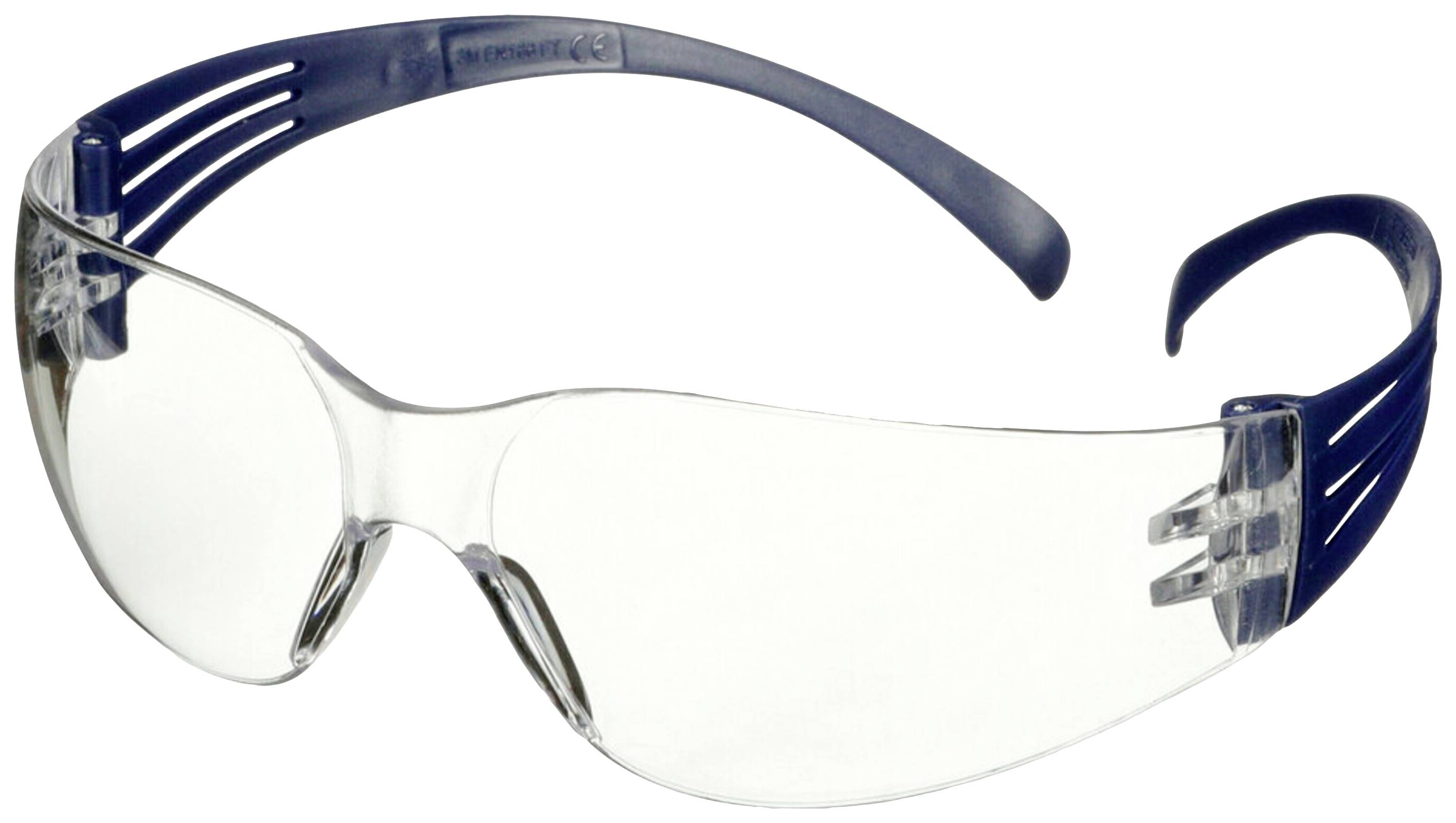 Safety glasses with clear lenses and dark blue arms, suitable for eye protection in industrial environments.