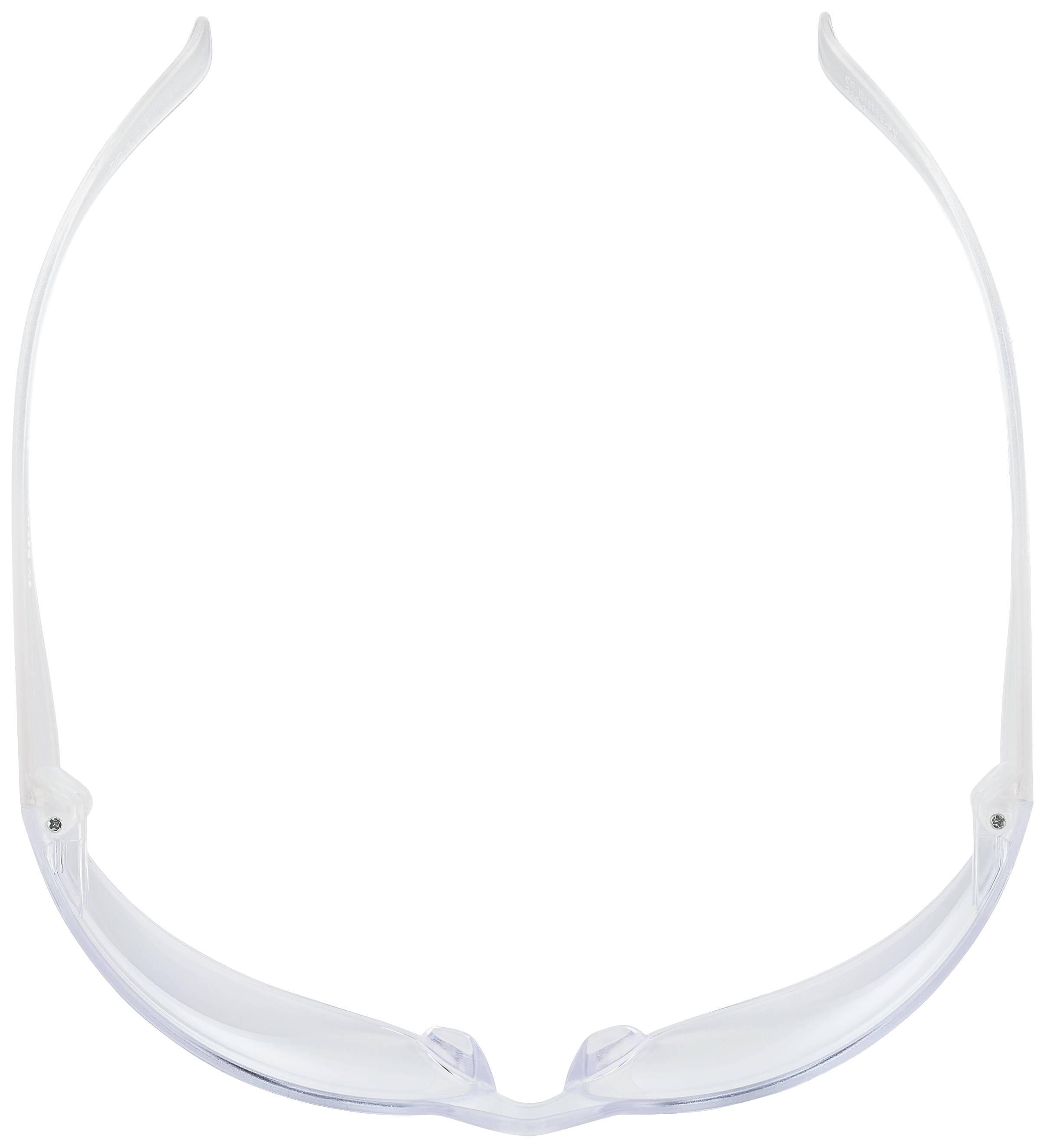 Transparent safety glasses with clear lenses and side protection, suitable for laboratory or workshop work.