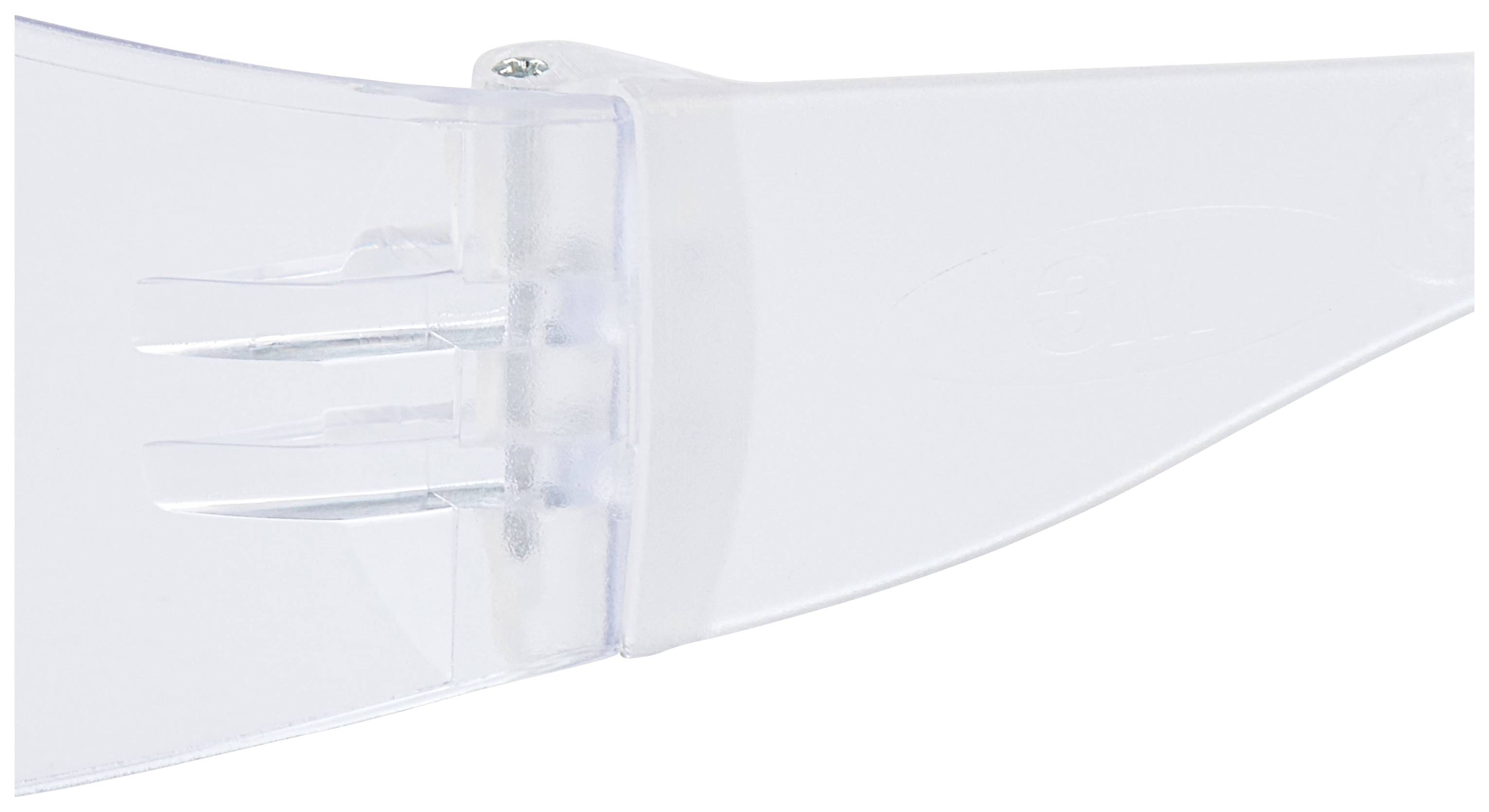 Transparent plastic fork attachment with two prongs and a rectangular shaft, suitable for machinery.