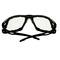 A pair of safety glasses with clear lenses and a black frame. They have wide arms that cross over at the back.