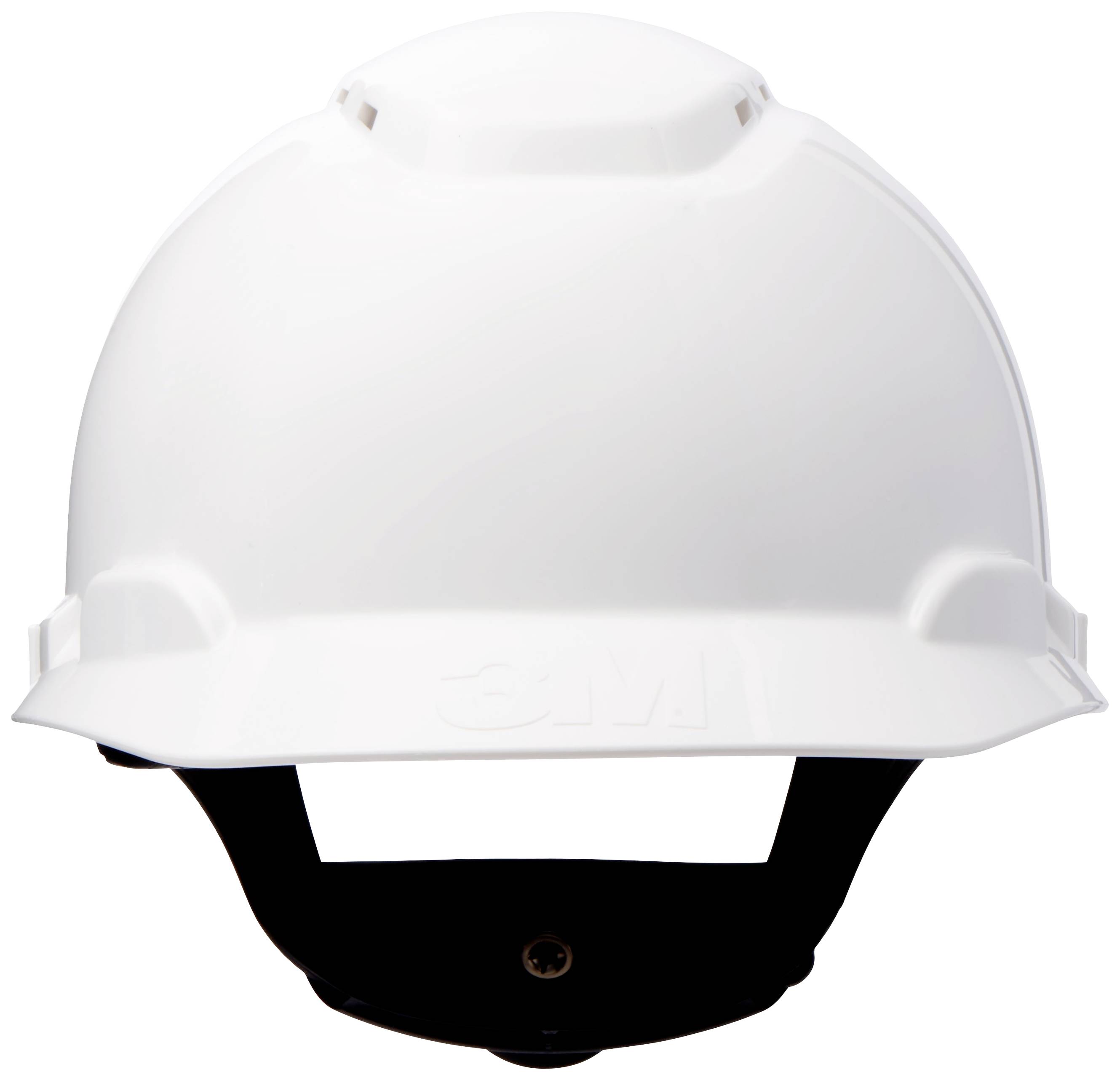 White safety helmet, pictured from the front.