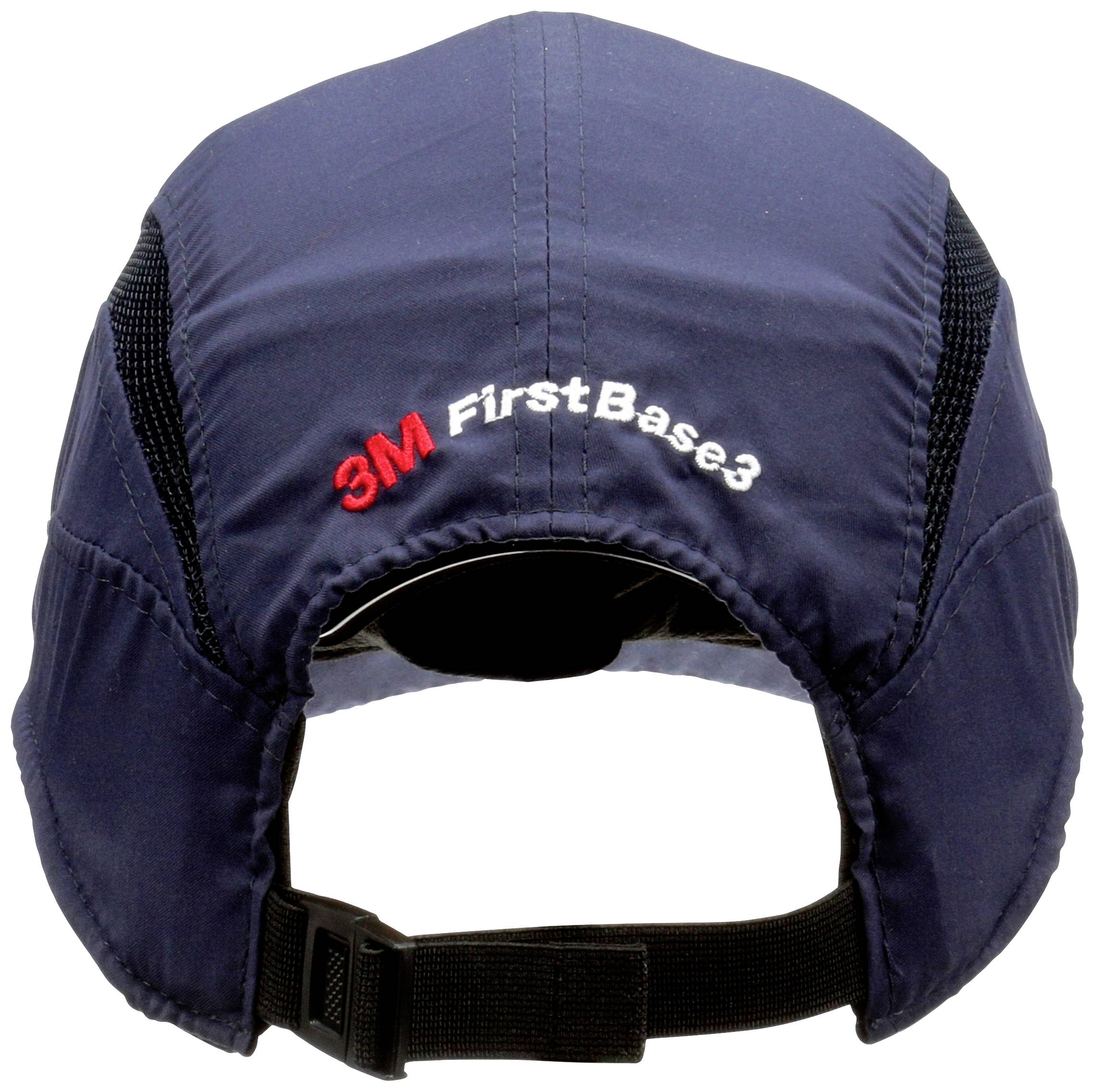 A navy blue baseball cap with 'First Base 3' embroidered text. Adjustable fastening at the back.