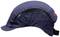 A dark blue protective helmet with mesh inserts for ventilation, side chinstrap. Suitable for workplace safety.