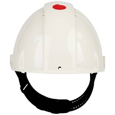 A white safety helmet with a red button on the top and an adjustable black chin strap.
