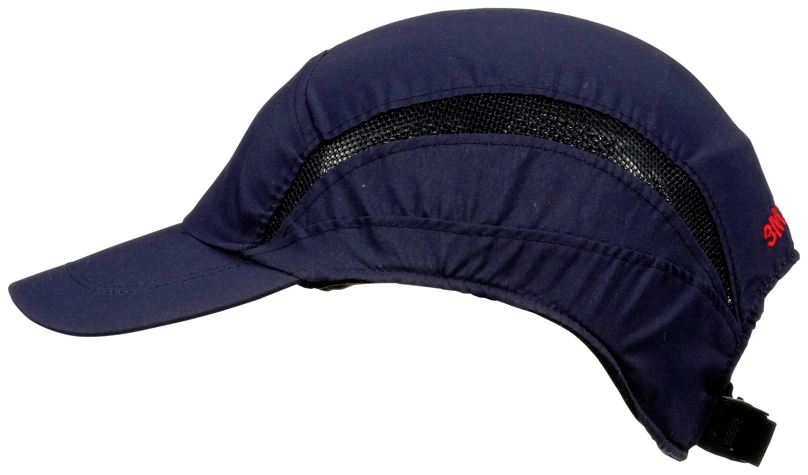 Navy blue safety cap with black mesh ventilation strip, adjustable closure at the back.