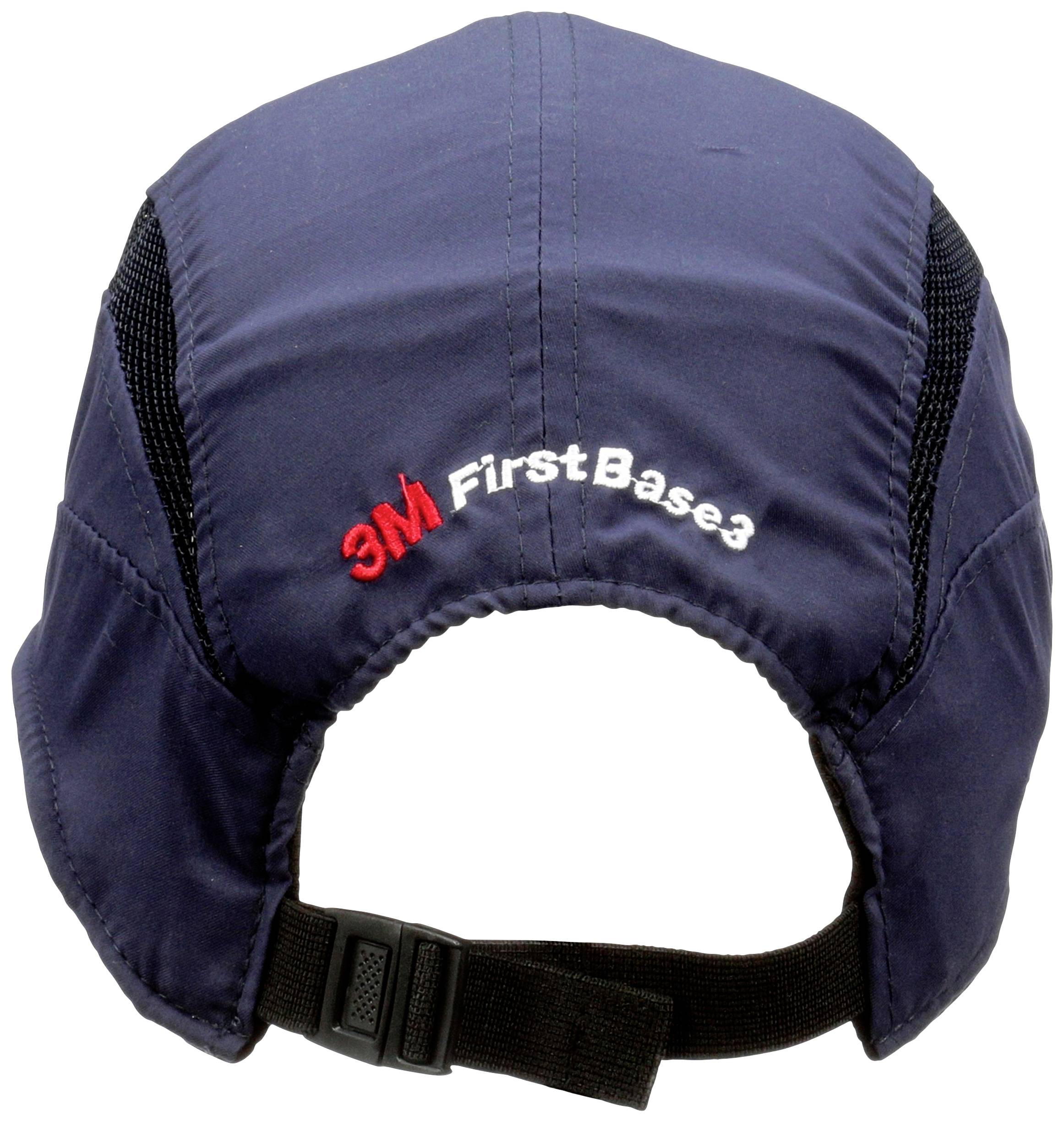 Lightweight protective cap in navy blue, rear view showing '3M First Base 3' text and adjustable strap.