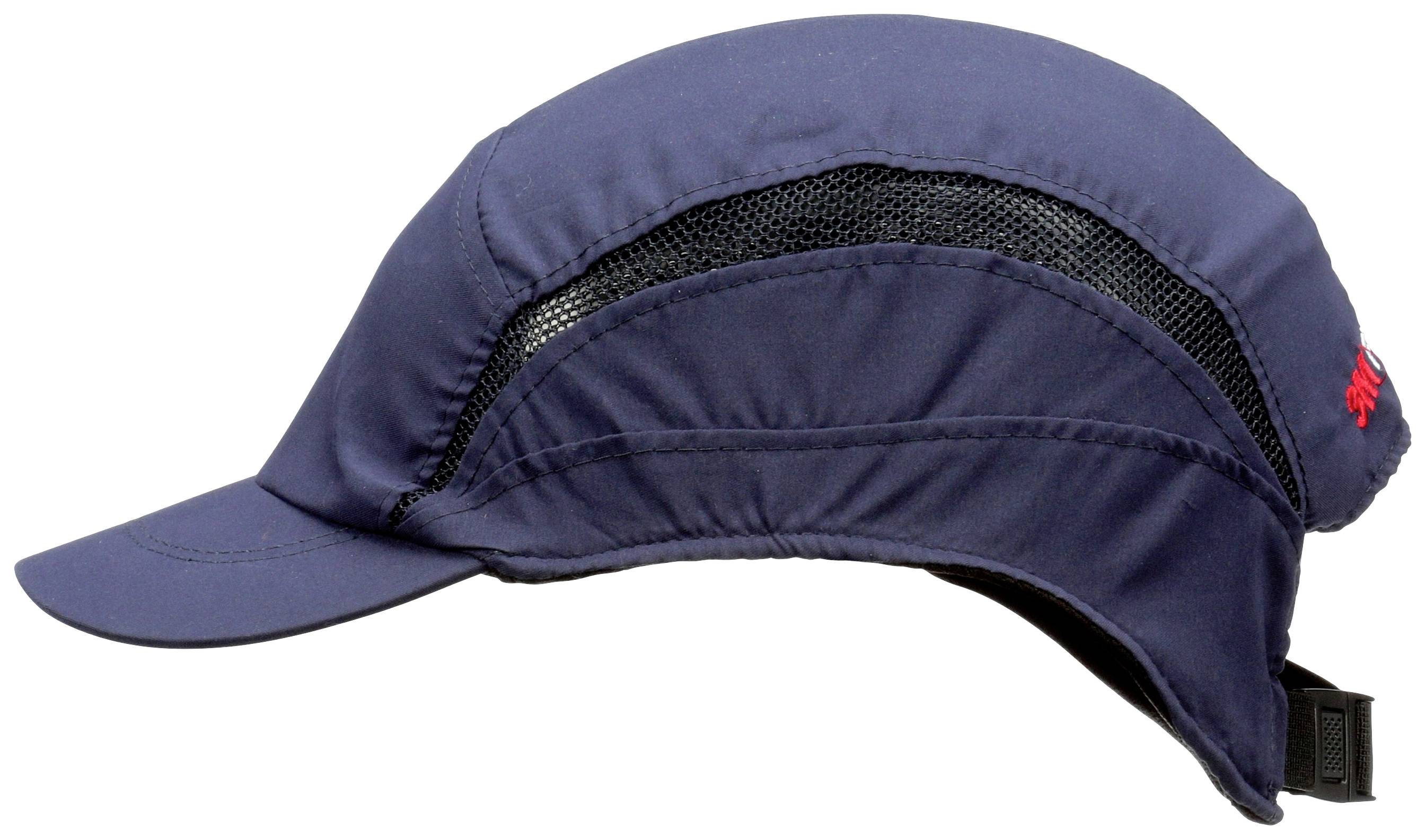 Side view of a dark blue cap with black mesh on the sides.