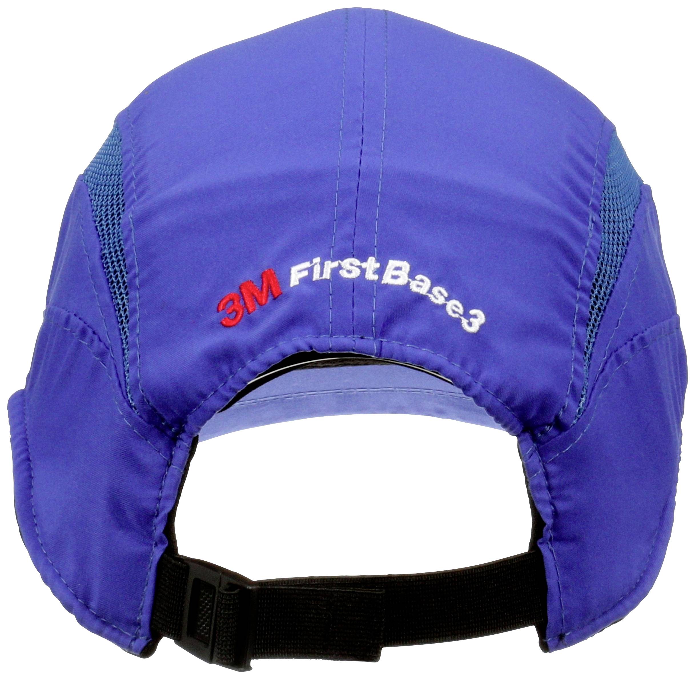 A blue baseball cap with a black fastening and white 'FirstBase3' lettering, along with a red 3M logo on the back.