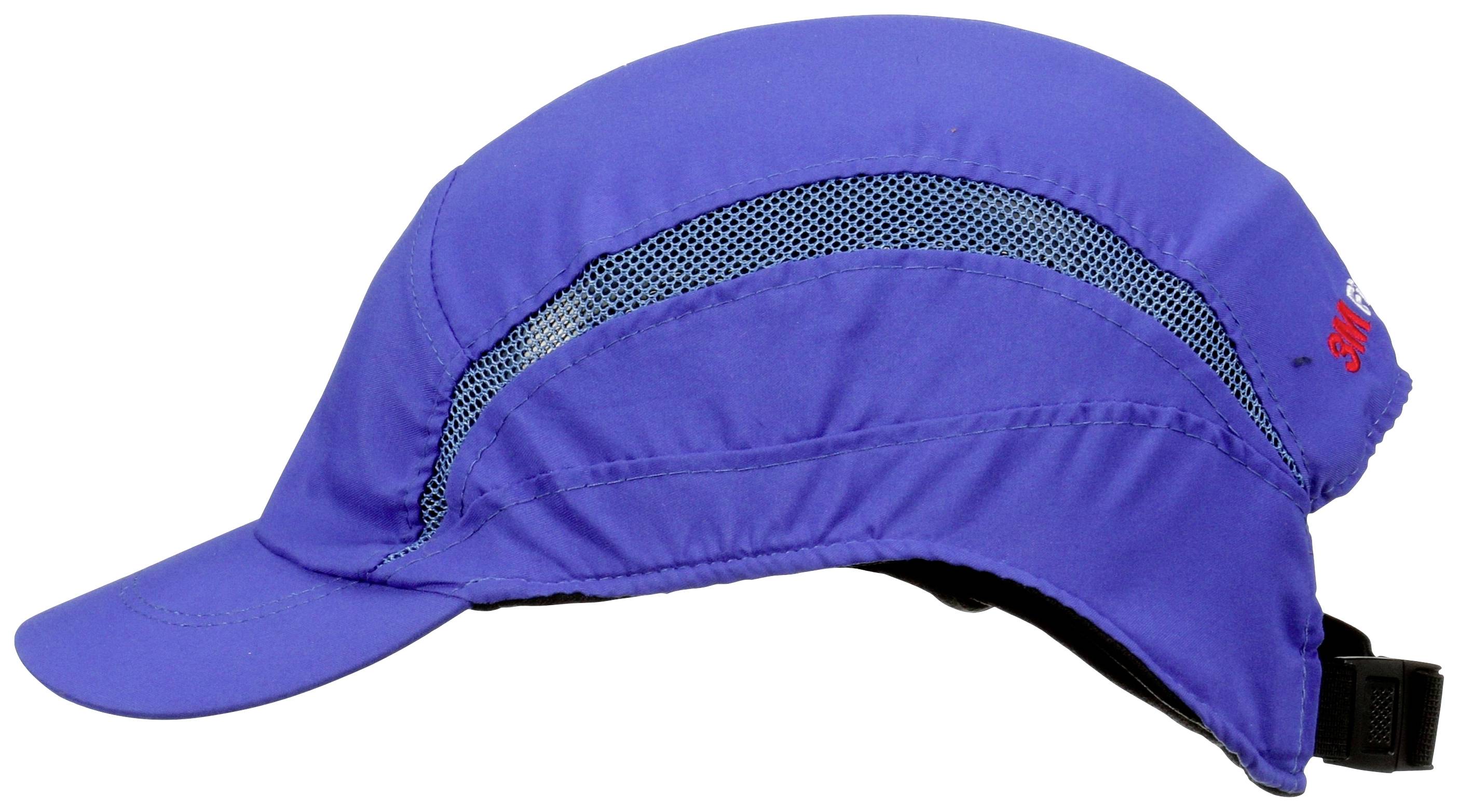 Blue sports helmet with integrated sun protection and ventilation. Suitable for outdoor activities. Left profile view.