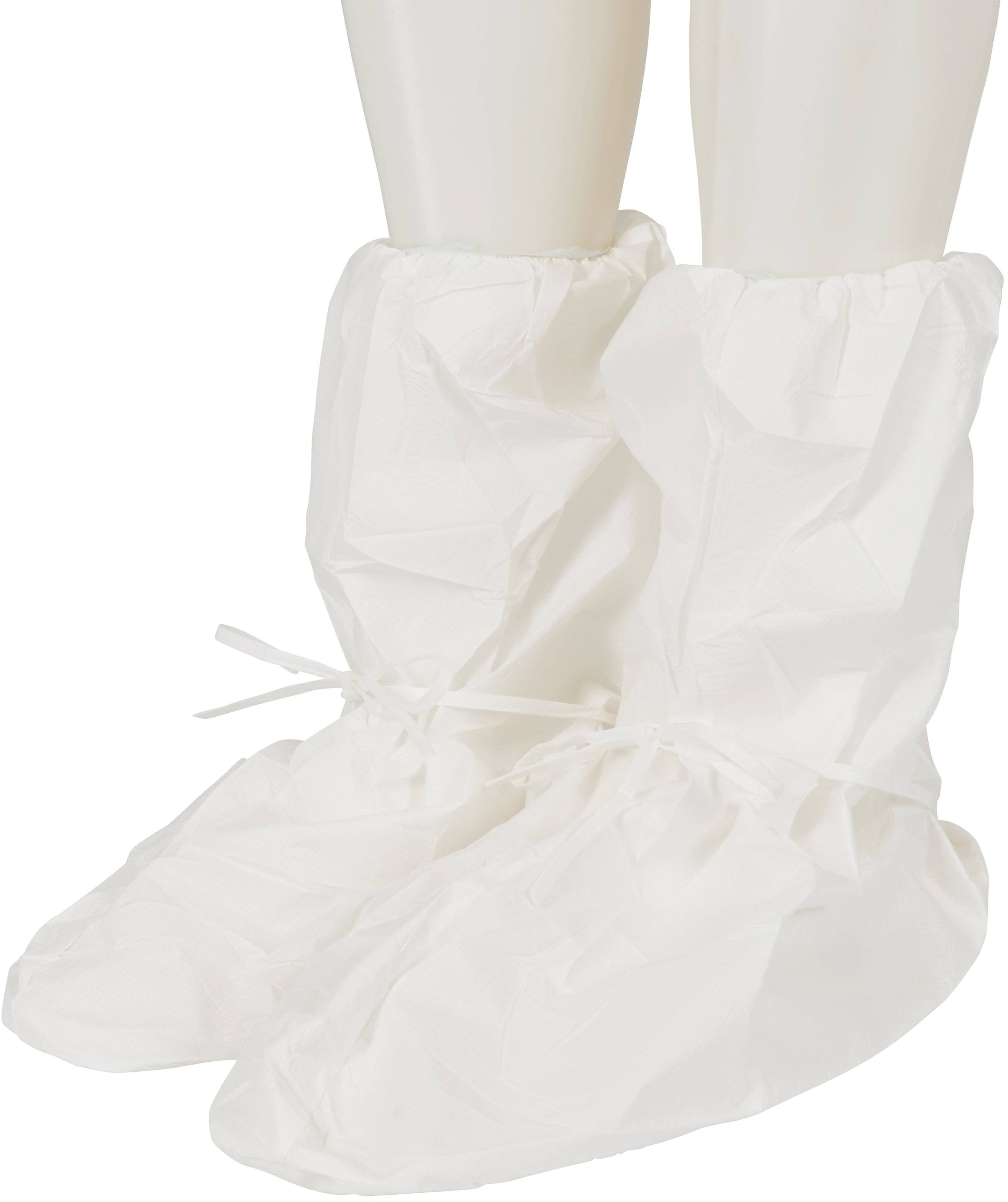 White disposable fabric ankle-high overshoes, with an elastic band and ties for fastening.