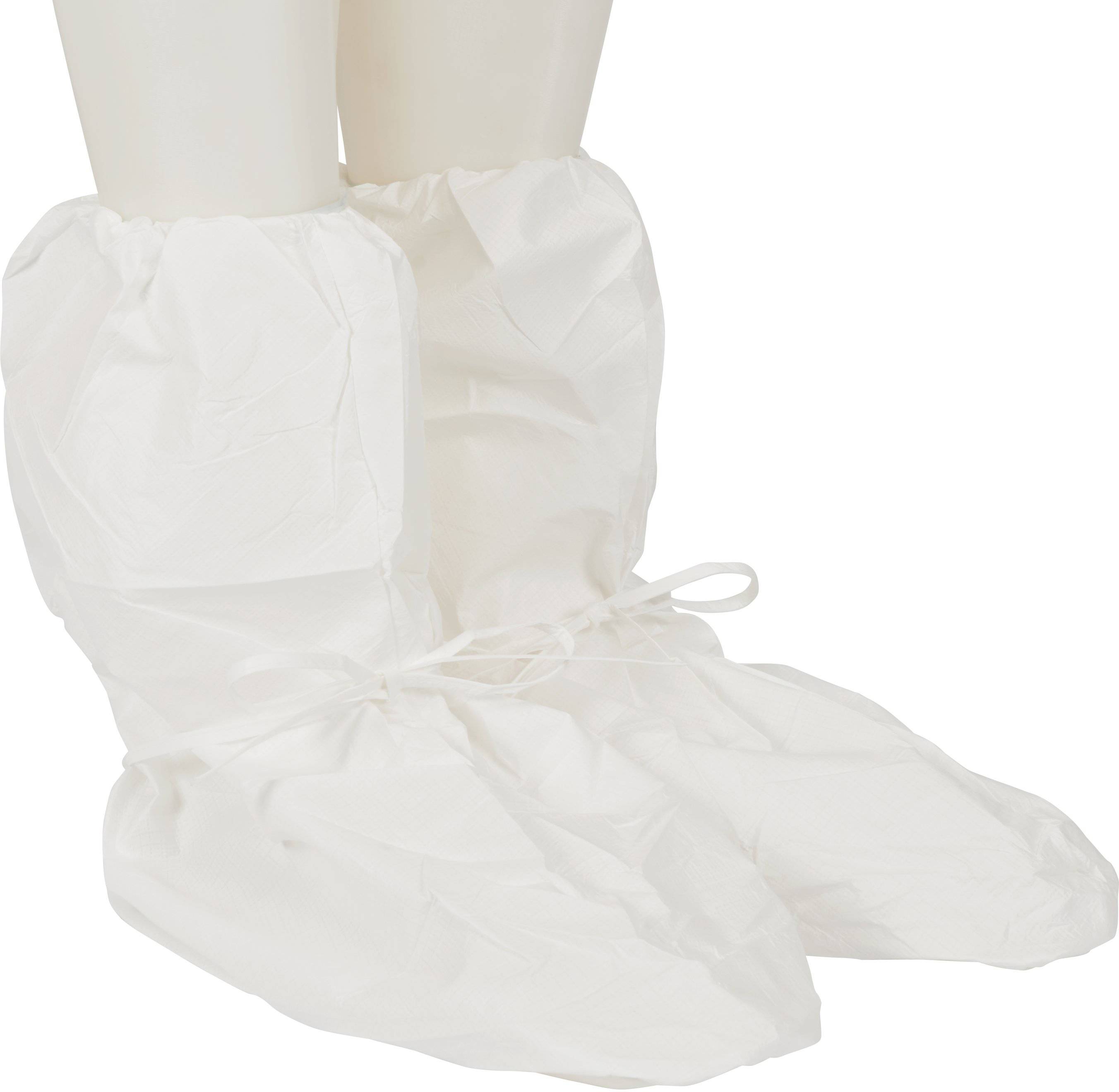 White, ankle-high, waterproof fabric overshoes that provide protection against dirt and liquids.