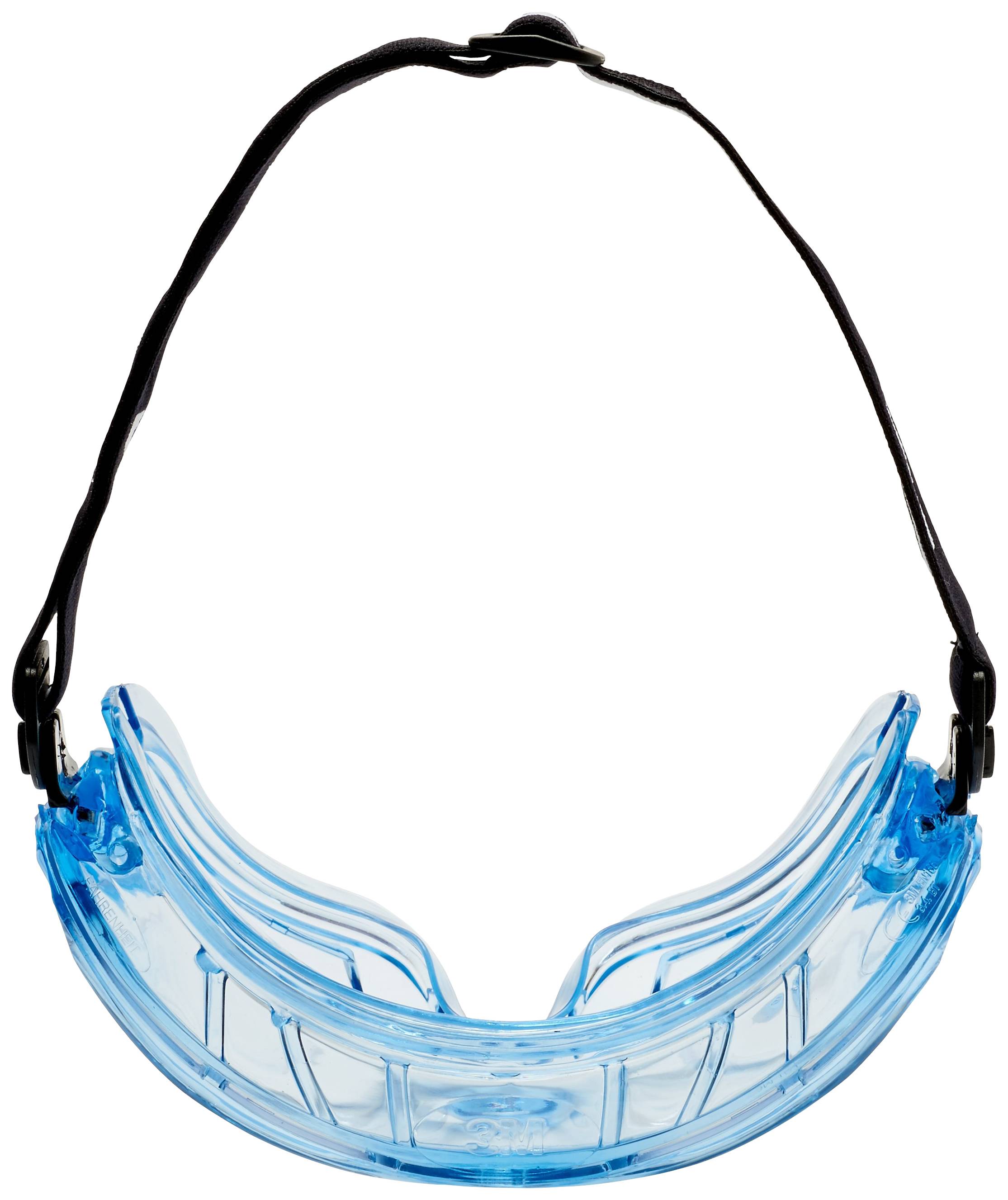 Blue safety glasses with an adjustable black strap for secure fastening.