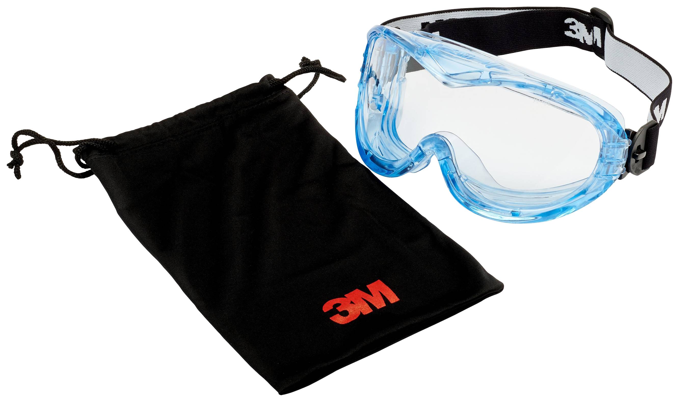 Safety glasses made of transparent blue plastic beside a black storage pouch with a red '3M' logo.