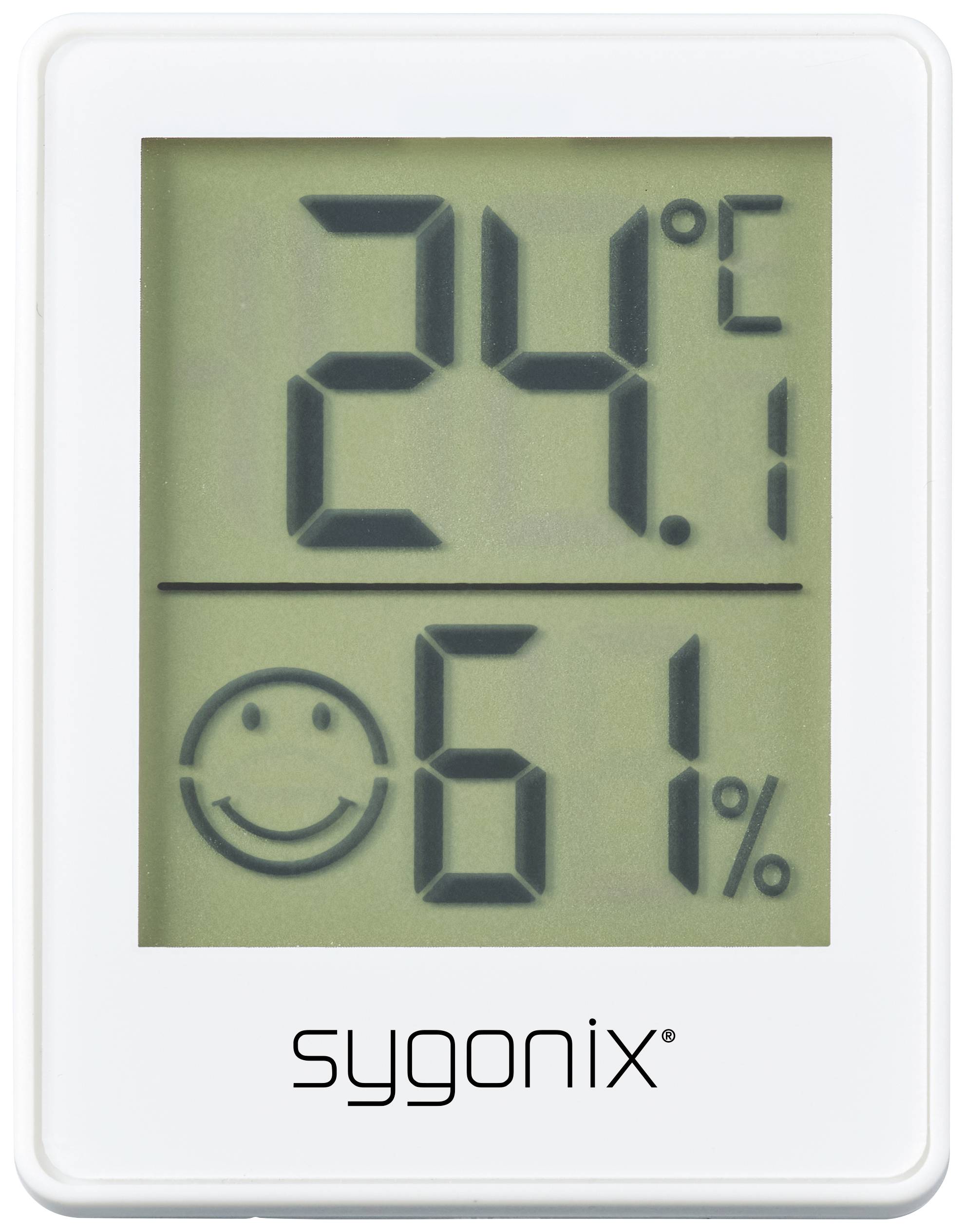 Digital thermometer-hygrometer showing '24°C' and '61%'. Smiley face indicates comfortable conditions. Device by sygonix.