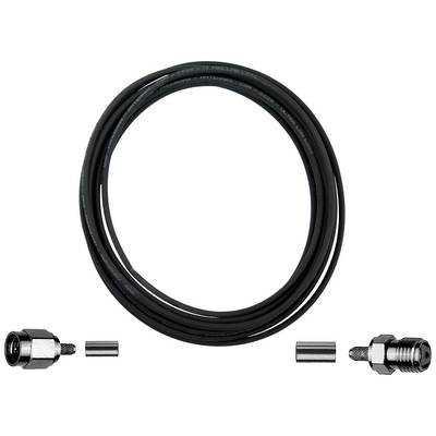 A black brake line set with two metallic connectors and an adapter. The hose is positioned in a loop.