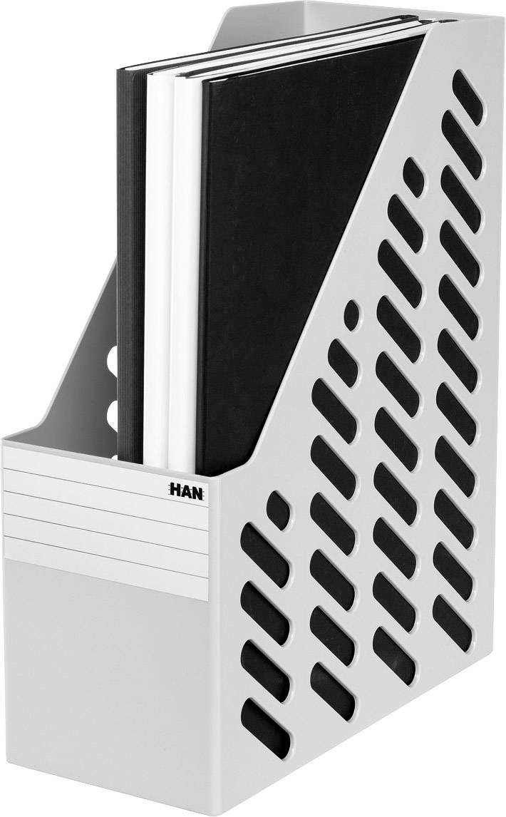 'Grey magazine holder filled with black and white folders. Brand name on the side and writable label at the front.'