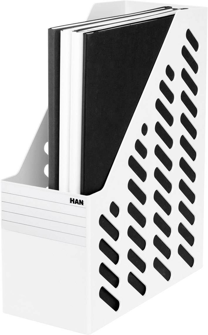 Plastic magazine rack, vertical, with black and white folders. Suitable for storing documents.