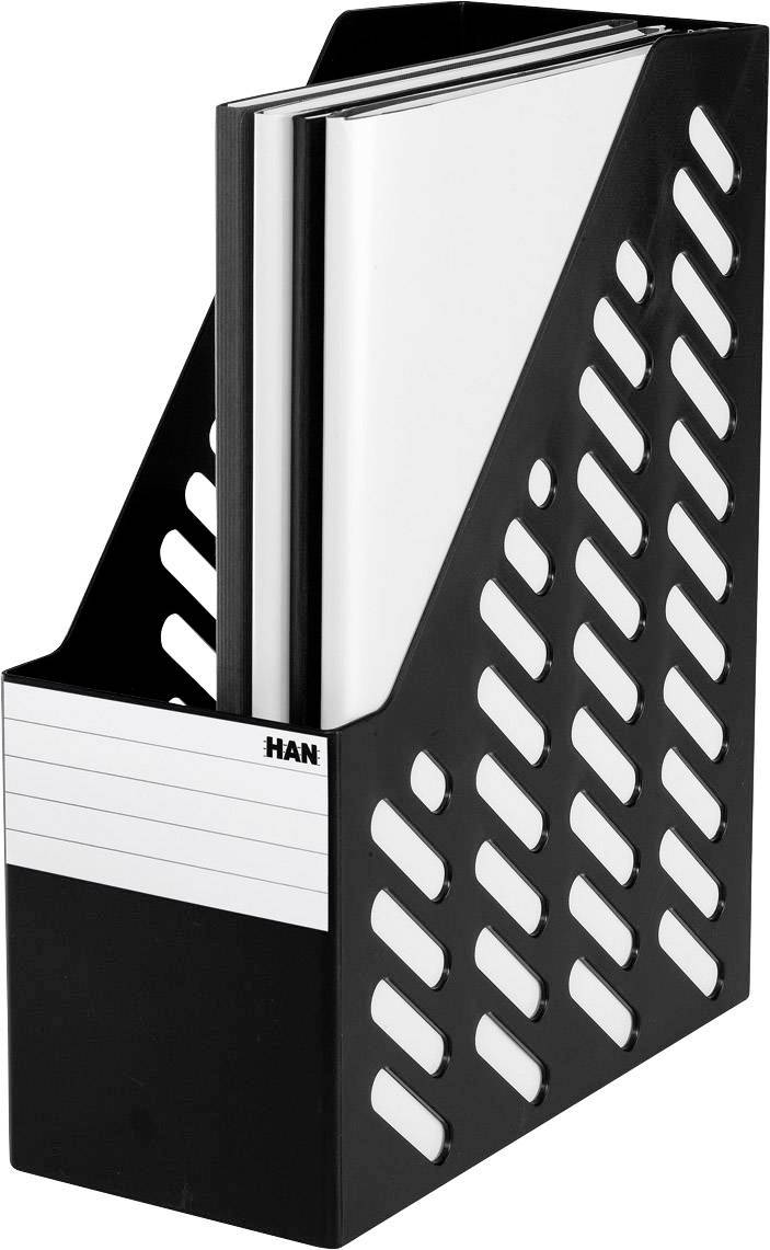 Black magazine holder with perforated design, holds an upright, open book.