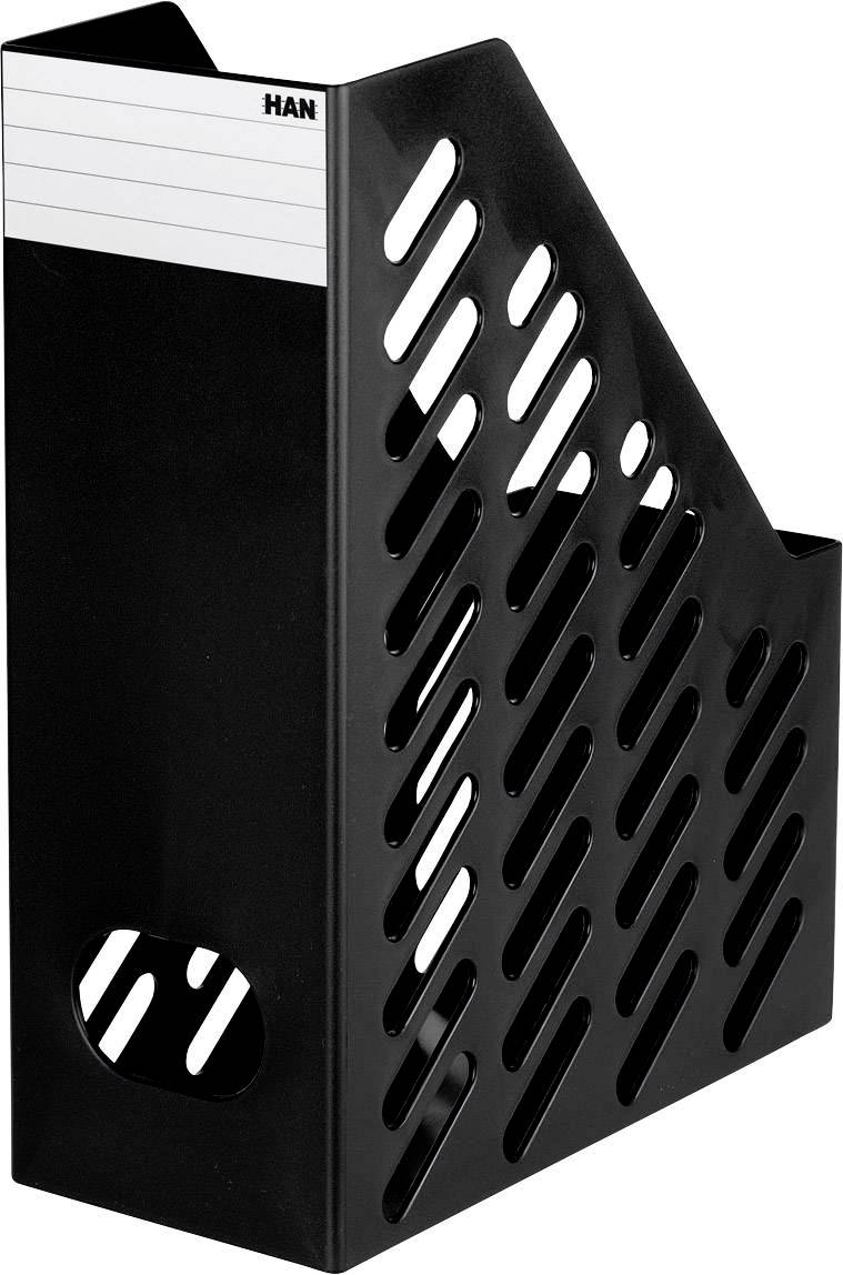 Black plastic magazine holder with mesh design and label field at the top. Suitable for storing documents.
