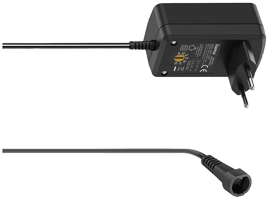 A black power supply with European plug and long cable, suitable for electronic devices.