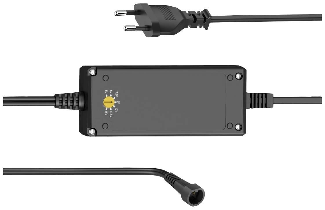 Power supply with cable and two-pin plug at the top. At the bottom, a DC output socket is visible. The device has a voltage adjustment setting.