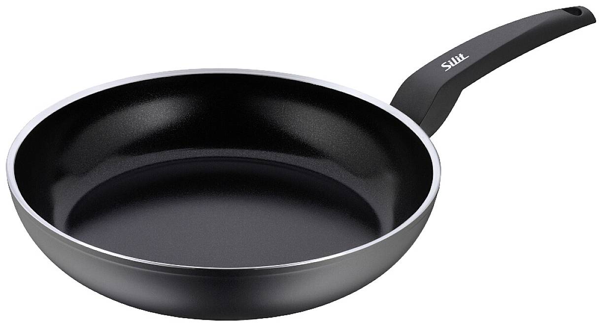 Black frying pan with handle, non-stick coated, round, on white background. Ideal for cooking food.