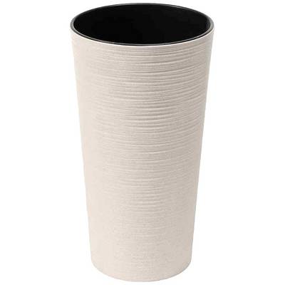 Beige, tall, cylindrical planter with a fine grooved texture on the exterior and a black interior.