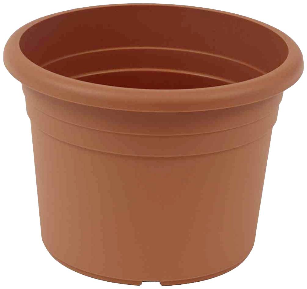 An empty, brown plastic plant pot against a white background.