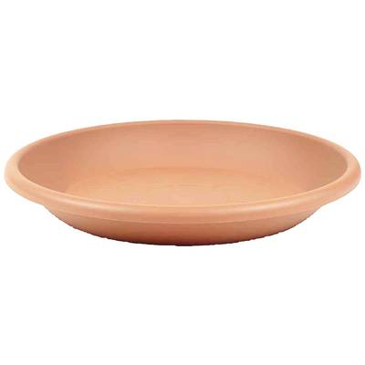 Flat, round, brownish plastic plant pot saucer, suitable for catching excess water.