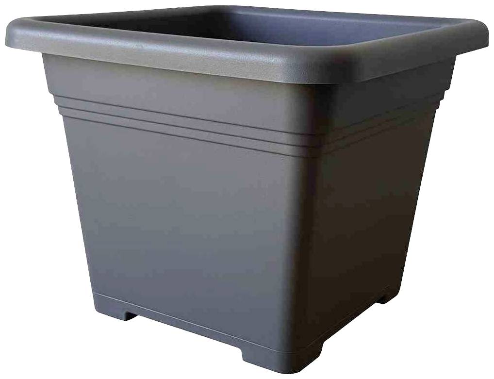 A square, black plastic planter with ribbed details on the sides and a wide rim at the top.