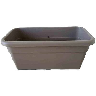 'Rectangular plastic window box in light brown, suitable for plants on balcony or terrace.'
