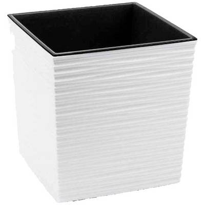 A rectangular, ribbed, white container with a black interior. Used as a planter or waste bin.