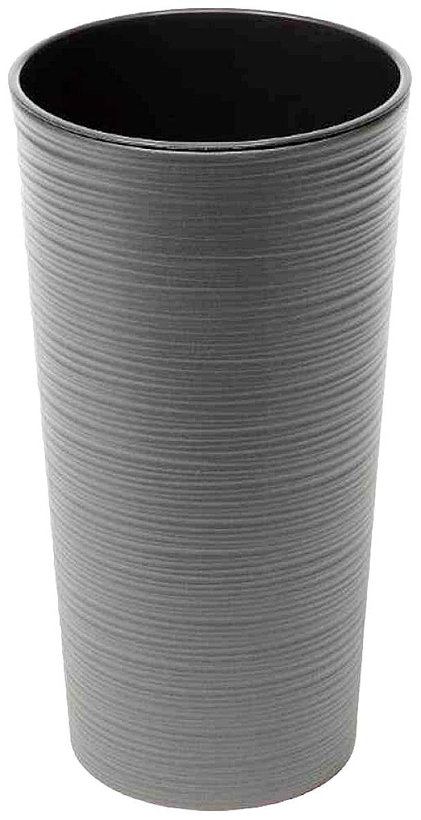 A tall, cylindrical, dark grey plant pot with a ribbed surface. Ideal for large plants in indoor or outdoor settings.