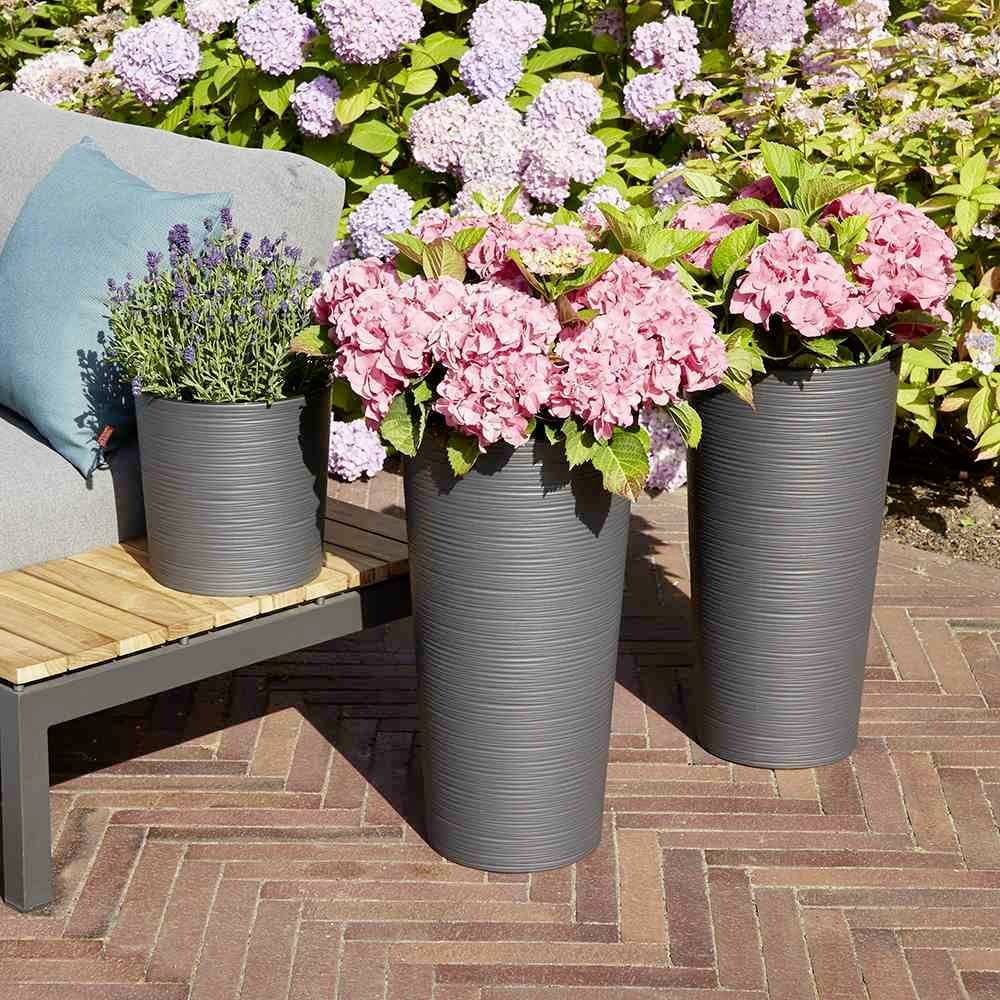 Grey plant pots on a stone floor, filled with pink hydrangeas and lavender, stand beside a wooden bench in the garden.