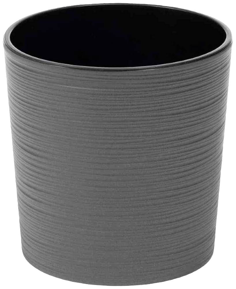 A grey, cylindrical plant pot with a fine ribbed texture.
