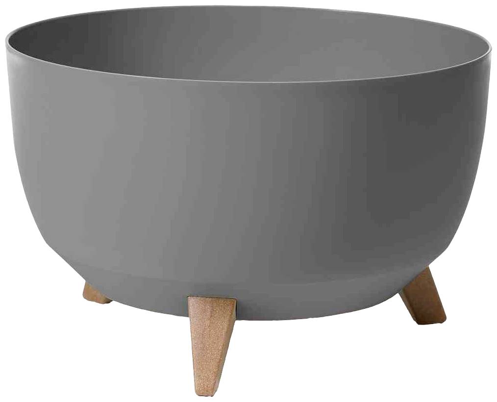 Grey plant pot with three wooden legs, modern minimalist design.