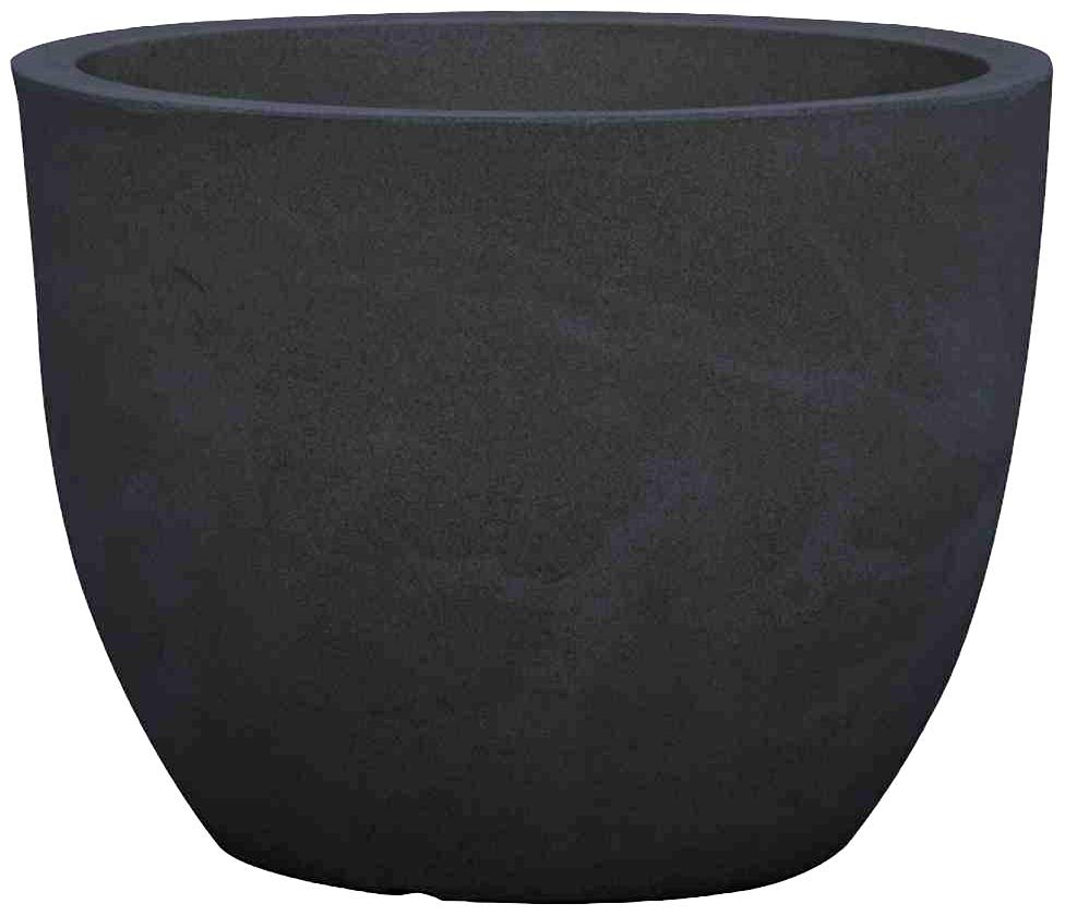 A simple, round, black planter made of stone material.
