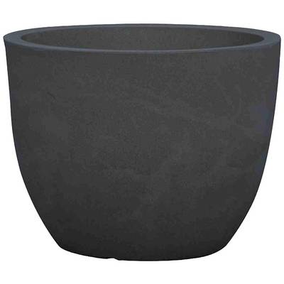 A simple, dark plastic plant pot with no visible plants or decorations.