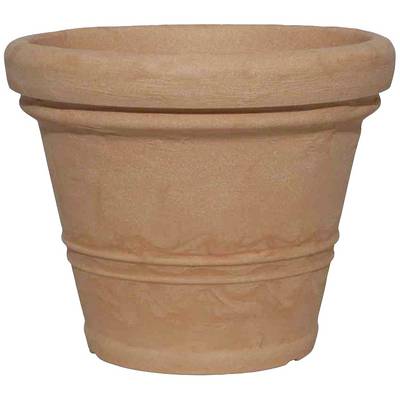 Terracotta plant pot with a simple design and continuous grooves running around its circumference, suitable for garden or indoor plants.