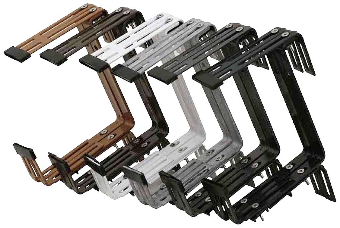 Six V-shaped table mountings in various colours (brown, white, grey, silver, black), arranged side by side.