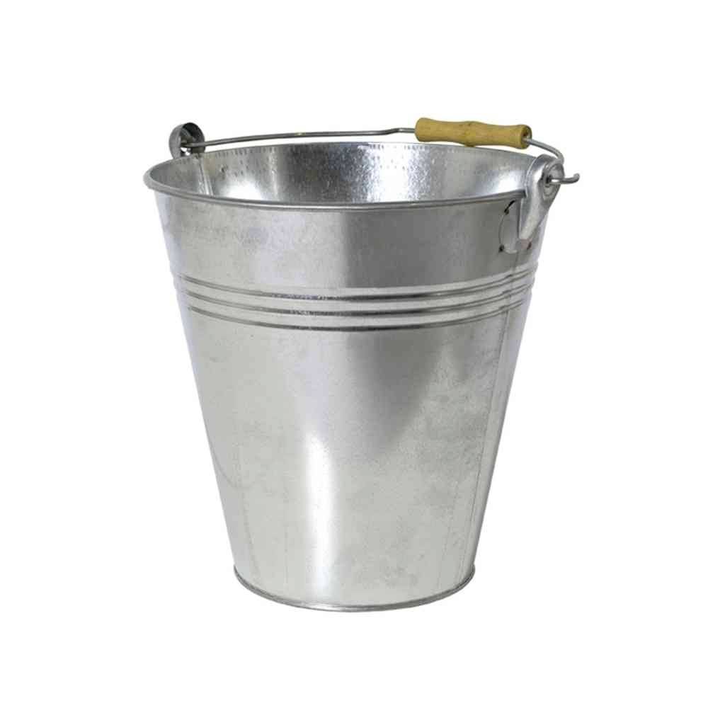 A galvanised metal bucket with a wooden handle, suitable for garden or household tasks.