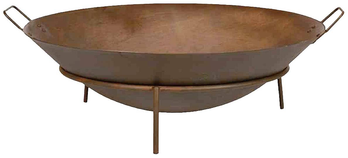 Round, flat metal fire bowl with two handles and short legs, suitable for outdoor use.