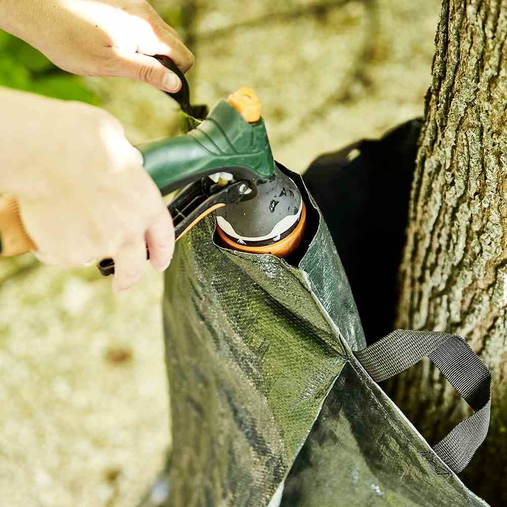A person is watering a tree with a watering can. A green protective cover surrounds the tree trunk to retain water.